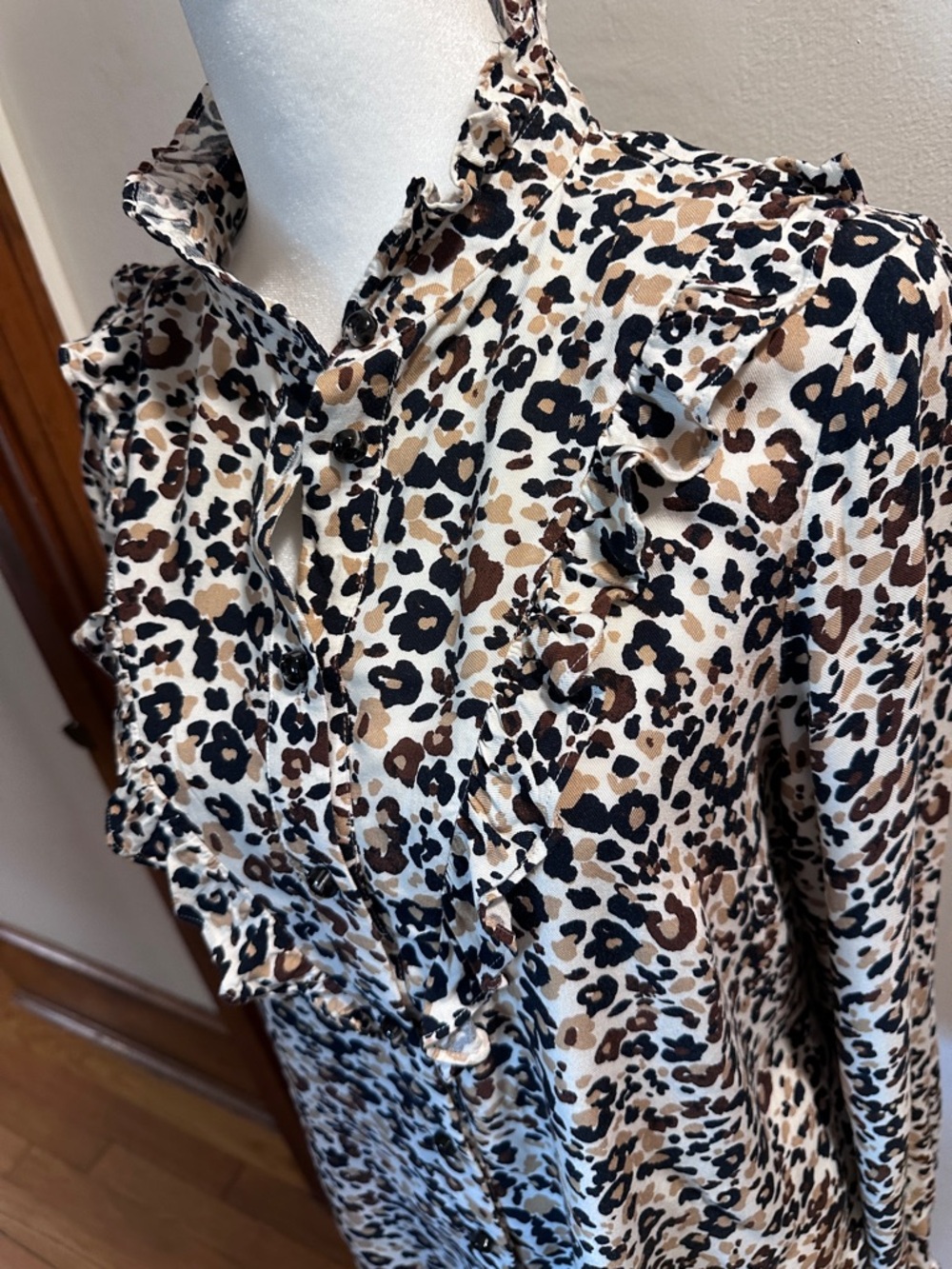 Maeve by Anthropologie Leopard Ruffle-Trim Button Blouse - Beige/Black/Brown - Picture 2 of 5